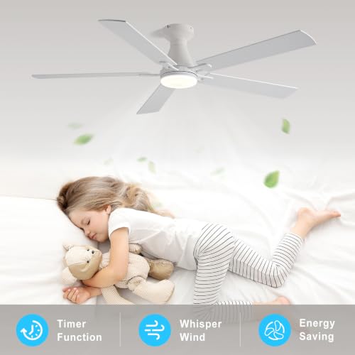 Image of Depuley Modern Ceiling Fan with Light: 52-Inch White Flush Mount Fandelier | Bedroom Indoor Outdoor Use, 5 Reversible Wood Blades, 6 Fan Speeds, Timing Function, Dimmable 3CCT, Remote Control Included