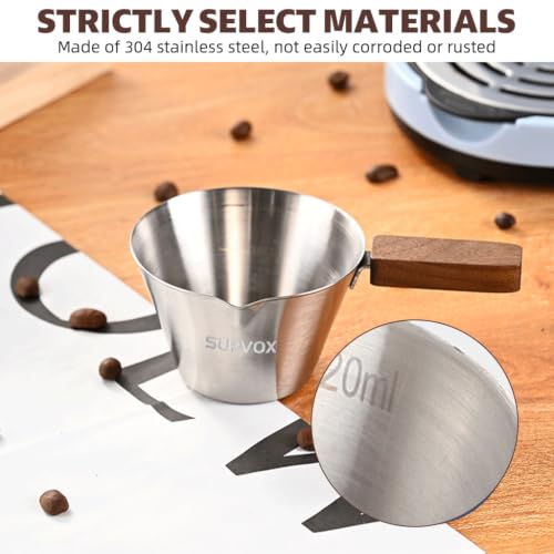 Image of Supvox 120ml Espresso Coffee Cup Brushed Stainless Steel Measuring Cup with Wooden Handle Easy Pouring V-Nozzle Design Kitchen Measuring Small Oil Pot