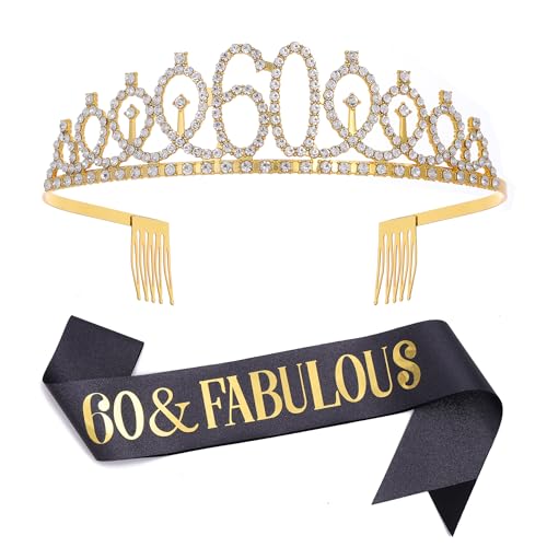 Juego de banda y tiara de diamantes de imitación '60 & Fabulous', regalo de cumpleaños número 60 para mujeres, banda de cumpleaños para mujer, decoración de fiesta de 60 cumpleaños (negro 60), L,