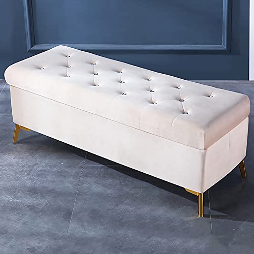 Ottoman en velours crème avec boutons cristal pour une entrée chic 80cm - 2