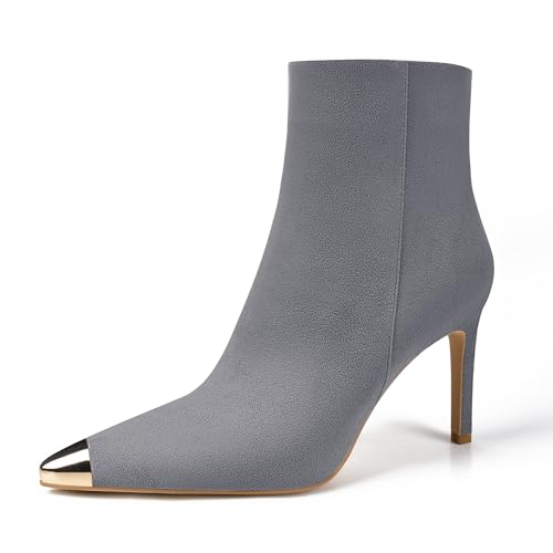XINIUNIU Women's Ankle Boots Kitten Stiletto Heels Booties Metal Pointed Toe Suede Side Zipper 3.5 Inch Short Boot Dress
