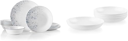 Corelle Vitrelle - Juego de vajilla de 18 piezas para 6 vajillas, moteado índigo y 4 cuencos Versa para pasta, ensalada y más, servicio para 4,