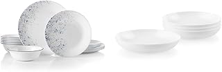 Vitrelle 18-Piece Service for 6 Dinnerware Set, Indigo Speckle & 4-Pc Versa Bowls for Pasta, Salad and More, Service for 4, Durable and Eco-Friendly 30-Oz, Compact Stack Bowl Set, White