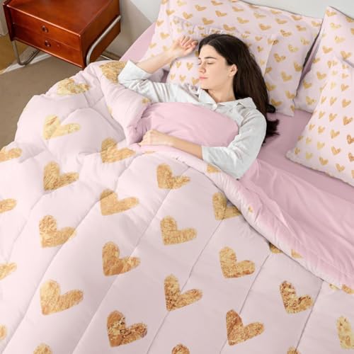 Image of Erosebridal Cute Heart Pattern 7 Piece Comforter Set Queen Bed in A Bag Gold Pink Bedding Set for Girls Kids Valentine Love Geometric Sheet Set with Comforter Love Heart Duvet Insert