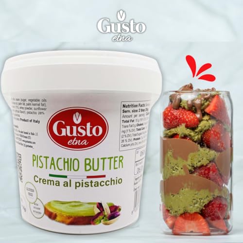 GUSTO ETNA Sicilian Pistachio Cream – 35% Pistachios, Sweet Spreadable Butter, 2.2 lbs (1 kg) Rich & Nutty Pistachios Cream for Knafeh Dubai Pistachio Chocolate Bars, Product of Sicily, Italy
