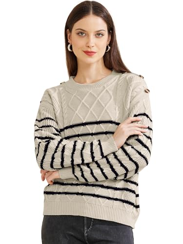 Allegra K Suéter de Rayas para Mujer, Jersey de Cuello Redondo, Manga Larga, suéteres de Punto con Cable Albaricoque S