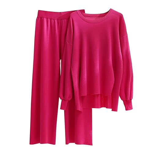 Completi Lana in 2 Pezzi Pullover Top a Maniche Lunghe Pantaloni a Gamba Larga Tuta Eleganti Comodo Larghi Set da Donna a Metà Autunno in Maglia Training Complete da Casa Curvy Polsino Elastico
