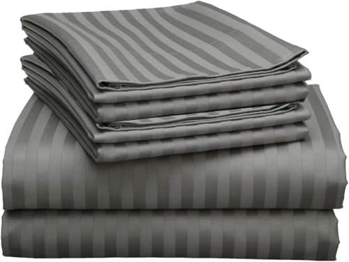 Image of Single Size Bedsheets for Single Bed 600 TC - Cotton Elastic Fitted Sheet (36 x 75 Inches) with 8 Inch Drop- Color Dark Grey Stripe [ Fitted Sheet with 2 Pillow Cover]