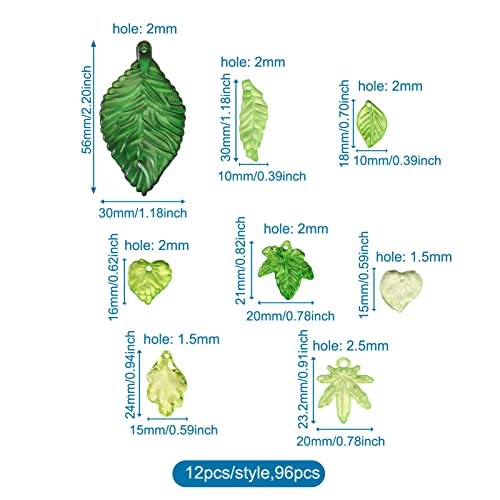 Pandahall 96Pcs 8 Styles Green Acrylic Leaf Charms Transparent Marijuana Maple Leaves Pendants For Jewelry Making #TOP2