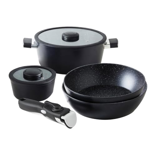 QDESIGN - Batería de cocina extraíble (7 piezas, cacerolas + sartén + wok + tapas + mango extraíble, aluminio antiadherente, para todo tipo de fuegos, incluida inducción, apto para lavavajillas