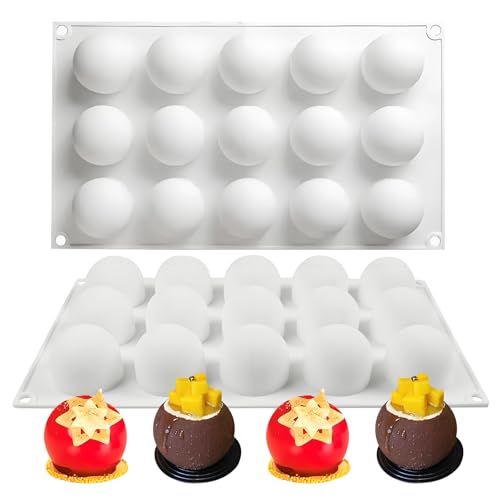 Silicone Sphere Molds, 3D 15-Cavity Heat Resistant Semi Sphere Baking Molds for Mousse Cake, Pastry, Chocolate, Truffle, Jelly, Pudding, 11.61 x 6.89 x 1.33 Inch