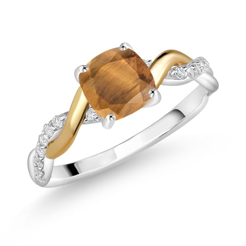 Gem Stone King 925 Sterling Silver and 10K Yellow Gold 6MM Cushion Gemstone Birthstone and Lab Grown Diamond Engagement Ring for Women | Available In Size 5, 6, 7, 8, 9