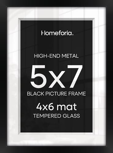 Image of Homeforia 5x7 Picture Frame Black, High End Metal 5 x 7 Black Frames with Mat 4 x 6 for Art, 5x7 Desk Frame Matted to 4x6 inch Photo, 5 by 7 Wall or Tabletop Frames, Tempered Glass, Wall Kit, Set of 4