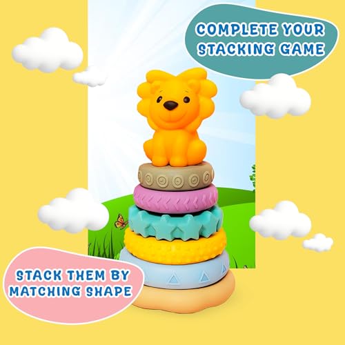 Image of ToyBharat Ring-A-Roos is a Soft, Colourful Stacker Toy with a Lion top, Designed for Babies and Toddlers. BPA-Free and chewable, it Supports Sensory Learning, and Safe Teething Fun.