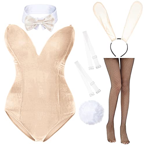 Anime Womens Bunny Girl Costume One Piece Bodysuit Halloween Cosplay Catsuit Bunny Headband Stockings Set(Beige L)