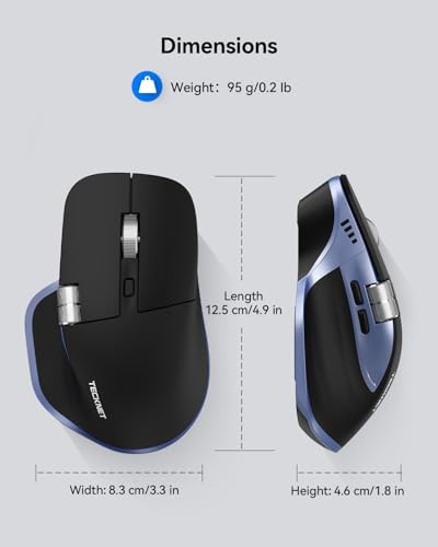Image of TECKNET Wireless Mouse, Side Scroll Bluetooth Rechargeable, 3-Device | Switch Among 3 Devices, 6 DPI Levels (up to 4800 DPI), BT 5.3 /5.0 /2.4G USB-A, Quiet Clicks, 7 Buttons, Black & Blue