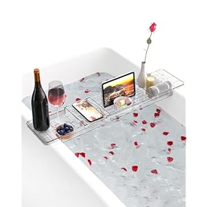 Badkuipdienblad van acryl, verstelbaar voor badkuip, opbergrek, badkuiprek voor boek, iPad, telefoon, beker, kaars, accessoires, badkuip, transparant