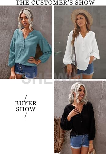 SHEWIN Women's Deep V Neck Lantern Sleeve Button Down Henley Shirt Fall Tunic Blouse Pullover Tops 5 SHEWIN Women's Deep V Neck Lantern Sleeve Button Down Henley Shirt Fall Tunic Blouse Pullover Tops