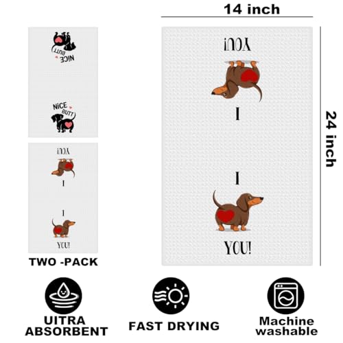 Image of 2 Pcs Dachshund Kitchen Towels 24x14 Inch, Dachshund Gifts Reusable Dish Towels for Kitchen Bathroom Decor, Waffle Weave I Love You Hand Cloth Tea Towel, Cute Dog Valentine's Gifts for Girlfriend Wife