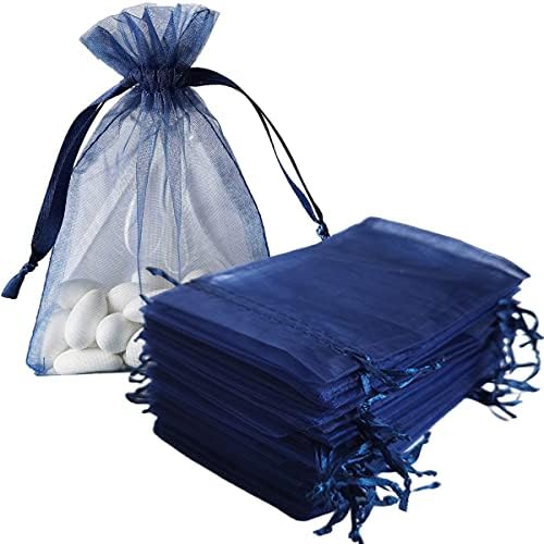 Jwsqmc 4x6 Inch Organza Gift Bags with Drawstring for Jewelry,Candy,Set of 50 Navy Blue Sachet,Sheer Fabric Mesh Goody Pouches for Baby Shower,Birthday,Party Favors,Wedding,Bridal Shower,Mothers Day