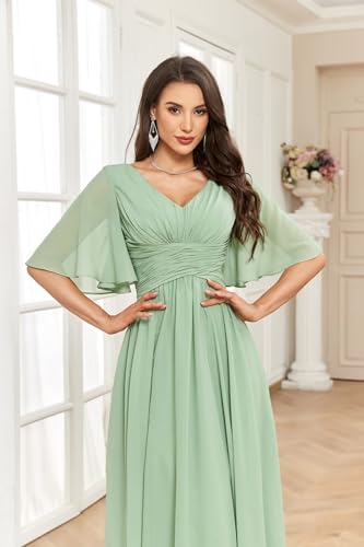Chiffon Pleated Long Bridesmaid Dresses for Women Floral Flutter Sleeve Matron of Honor Dress2
