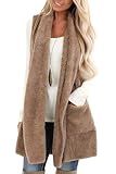 ReachMe Sherpa Vest Womens Open Front Long Sleeveless Fuzzy Vest with Pockets Fleece Cardigan (01 Khaki, XL)