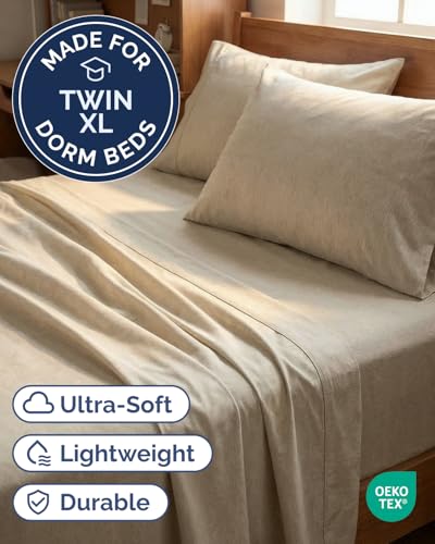 Image of Twin XL 4 Piece Sheet Set - College Dorm Room Essentials - Heathered Beige | Ultra Soft Dorm Bedding Set, 8 inch to 16 inch Inch Deep Pockets, 1 Flat & 1 Fitted Sheet & 2 Pillowcases, Wrinkle & Fade Free