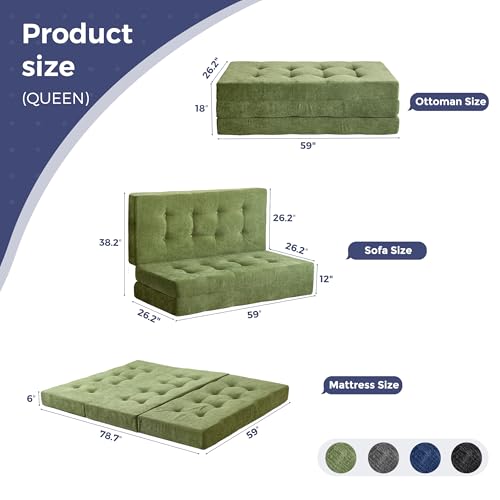Image of MAXYOYO 6 inch Folding Sofa Bed for Floor, Tufted Tri-Fold Floor Mattress with Chenille Fabric, Queen Size Portable Sofa Couch Guest Mat for Adults, Foldable Topper for Camping, Green, 59 inchx78.7 inch