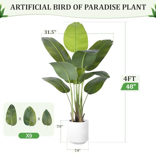ZEEOZE Planta Artificial Ave del Paraíso 120cm Plantas Artificiales Decorativas con 9 Hojas de Plátano,Planta Artificial Grande Interior con Maceta Blanca para Decoracion Hogar Salon Casa Room Decor - imagen 4