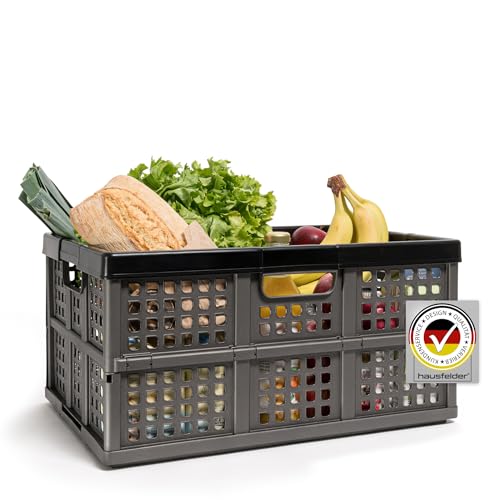 Hausfelder Klappbox 45 l, faltbarer Einkaufskorb aus Kunststoff, stabile Klappkiste für Einkäufe, Auto & Haushalt (Anthrazit Schwarz, 1er Set)