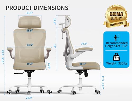 Image of Ergonomic Office Chair - Mesh Desk Chair with Adjustable Lumbar Support High Back Computer Gaming Chairs - Big and Tall Office Chairs Adults, Comfortable for Long Hours, Beige