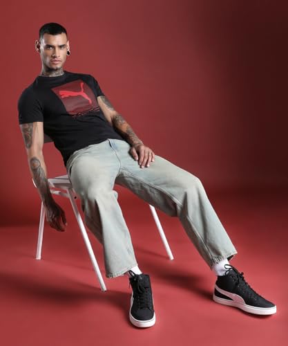 Image of Puma Men's Cotton Essential Stripped Logo Graphic Print Solid Classic Fit Tees