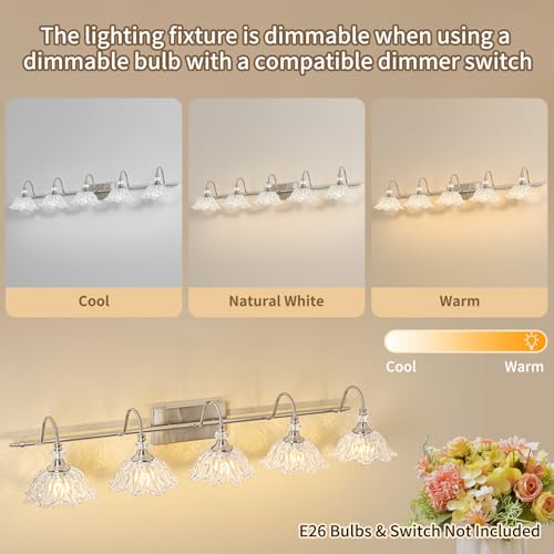 Image of Brushed Nickel 5-Light Bathroom Vanity Light with Floral Clear Glass Shades, Brushed Nickel Wall Mount Lighting for Bathroom, Dressing Table