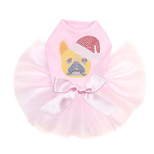 French Bull Dog with Santa Hat - Bling Rhinestone Christmas Dog Tutu Dress, 4XL Pink