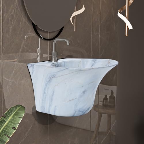 Image of REMANENCE Luxury Wall Mount Half Pedestal Wash Basin for Bathroom | Designer Wall Hung Basin | Wall Mounted Washbasin for Resturent, Hotels (16 x 16 x 11 Inch) (Designer Blue)