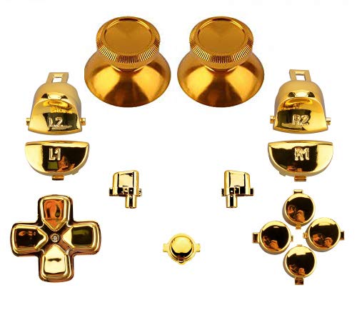 Chrome Gold PS4 Controller Button Kit Repair Mod Thumbsticks (Metal), Dpad, Start/Share, PS, R1/R2/L1/R2 Buttons Playstation 4 Dualshock 4 Fits JDM-040 JDM-050 JDM-055 JDS-040 Pro/Slim CUH-ZCT2