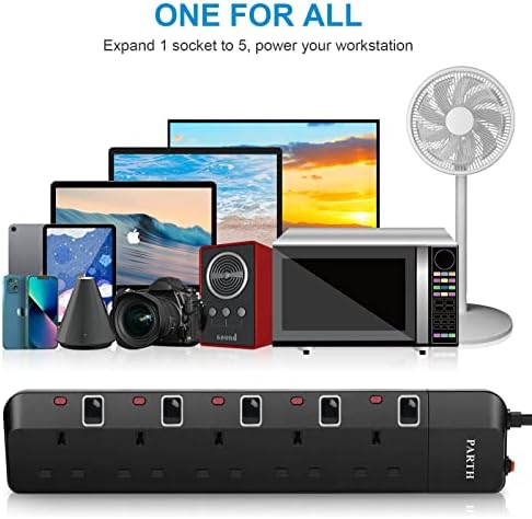 PARTH Surge Protected Extension Lead - 5 Gang Socket Plug Extension with Individual Switches - Black Multi Plug Sockets with 2M Cable - Wall Mountable Power Strip with Surge Protection (3250W/13A)