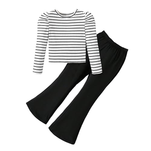 Image of Girls Slim Fit Striped Long Sleeve T Shirt Basic Round Neck Blouses Tops and Elastic Waist Flared Pants