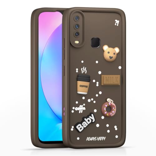 Image of Bintage Back Cover Compatible for Samsung A20s - SM-A207F | Cute Fun Ball | 3D Taddy Smiley Coffee | Milk Case | Full Body Protection - Brown