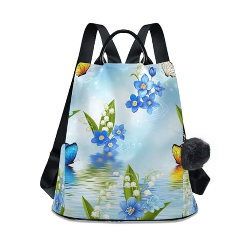 Mochila antirrobo mujer flores azules y blancas con pompón para viaje y uso diario cómodo 1