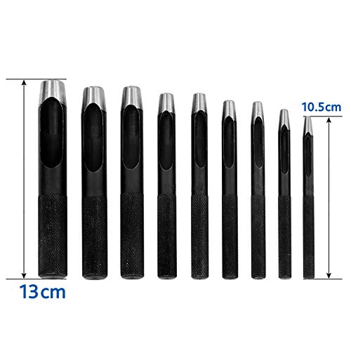 S&R Locheisen-Satz (HRC 47-52), Ø 3-14 mm - Rund-Locheisen zum präzisen Ausstanzen von Pappe, Gummi, Leder und weichen Werkstoffen, ideal für Gürtel, Uhrenarmbänder - 9-teilig