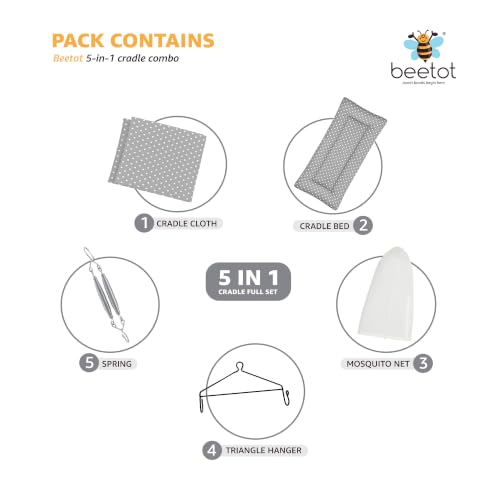 Image of Premium Swing Cradle Set | Cradle Cloth, Padded Bed, Mosquito Net, Heavy-Duty Spring & Triangle Hanger | Up to 15 kg | Dark Melanchi Dot