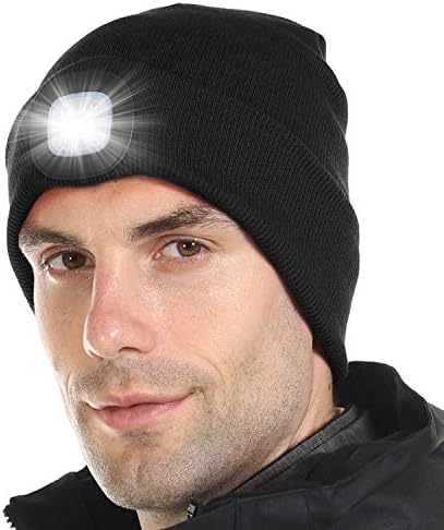 Attikee LED Lighted Beanie, Unisex Warm Knitted Hat, Rechargeable Headlamp Cap for Outdoors, Tech Gift for Men Dad Father Him Black