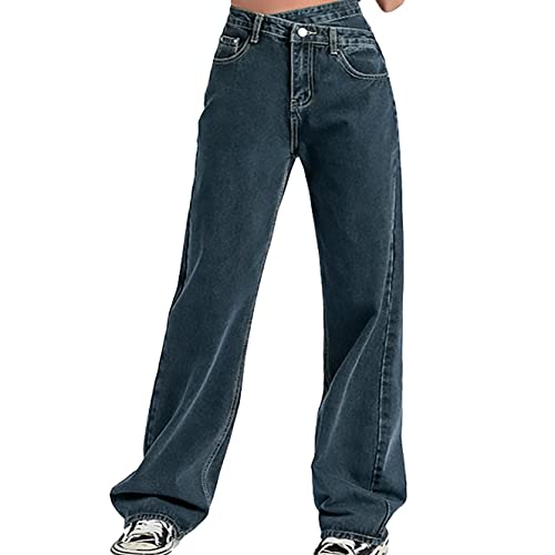 Pantalones Vaqueros Cruzados de con Pernera Ancha y Bolsillo con Botones Pantalones Rectos Pantalon Leggings Mujer Vaquero Vaqueros Anchos (Grey, M)