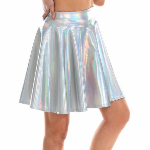Mini jupe patineuse évasée en cuir métallique brillant pour femme, jupe patineuse plissée taille haute pour festival, spectacle, fête, tenue irisée fluide, rave, club, danse, multicolore, S