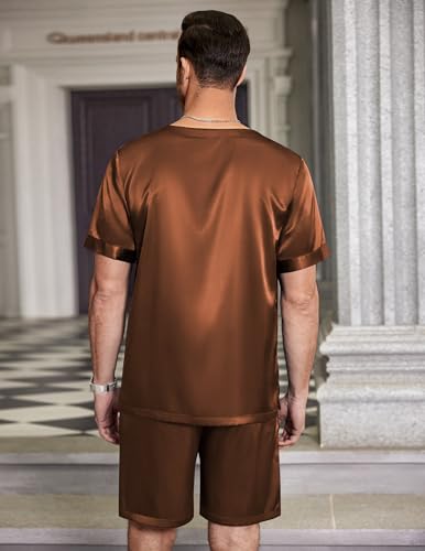Image of Ekouaer Mens Pajamas Set Silk Satin Pjs Sets Summer Short Sleeve Button Down Sleepwear 2 Piece Loungewear with Pockets