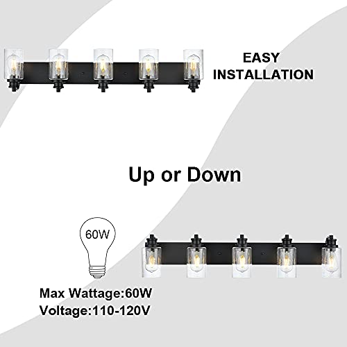 Image of 5-Light Bathroom Light Fixtures, 37 inch Black Bathroom Vanity Light with Seedy Glass Shades, Farmhouse Wall Sconces Lighting for Mirror, Hallway, Bedroom, Living Room