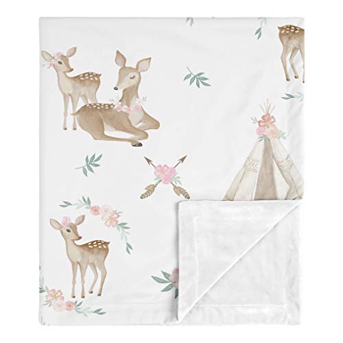 Image of Sweet Jojo Designs Boho Watercolor Woodland Deer Floral Baby Girl Receiving Security Swaddle Blanket for Newborn or Toddler Nursery Car Seat Stroller Soft Minky - Blush Pink, Mint Green and White