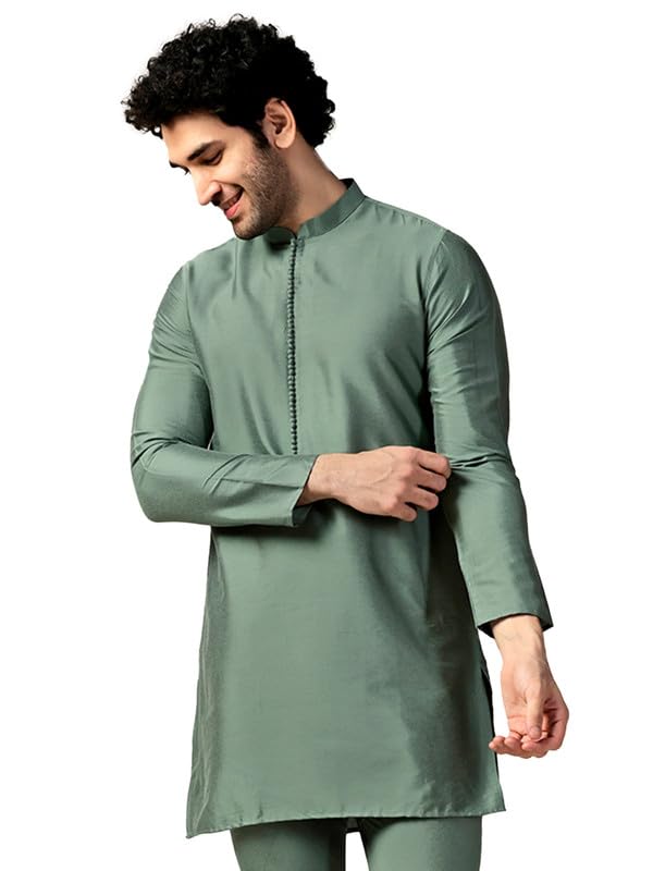 Kisah Men's Kurta, Green Cotton Blend, Solid Regular Fit Mandarin Collar Long Sleeves (44)