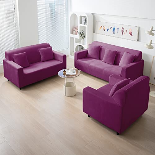 Image of HOKIPO 200 GSM Premium Velvet Sofa Cover 1 Seater Fully Covered, Purple (AR-4736-PR)